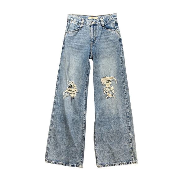 Levis Jeans Womens 24 Denim 94 Baggy Wide Leg Distressed Knee Light Wash Flare - Picture 1 of 11
